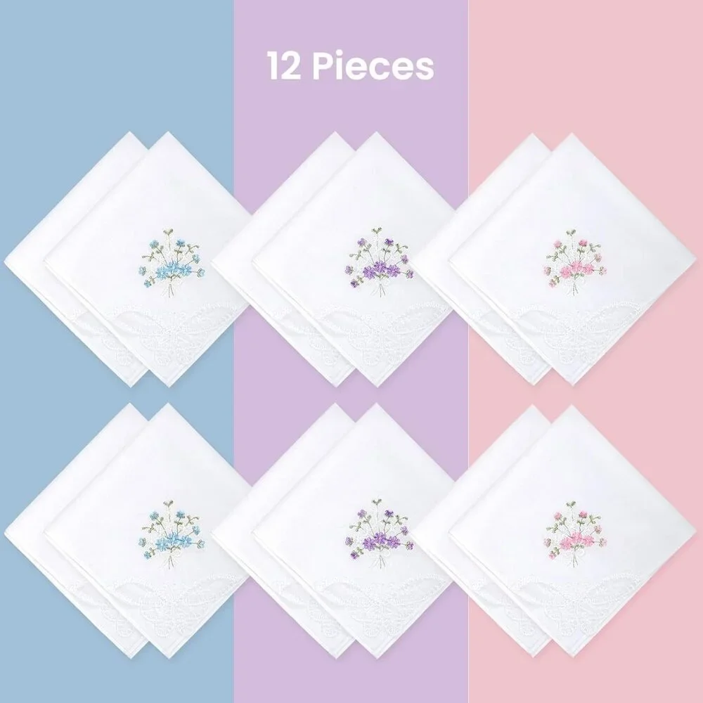 Women's Cotton Handkerchiefs Set of 12 Floral Embroidered Lace Hankies for Women